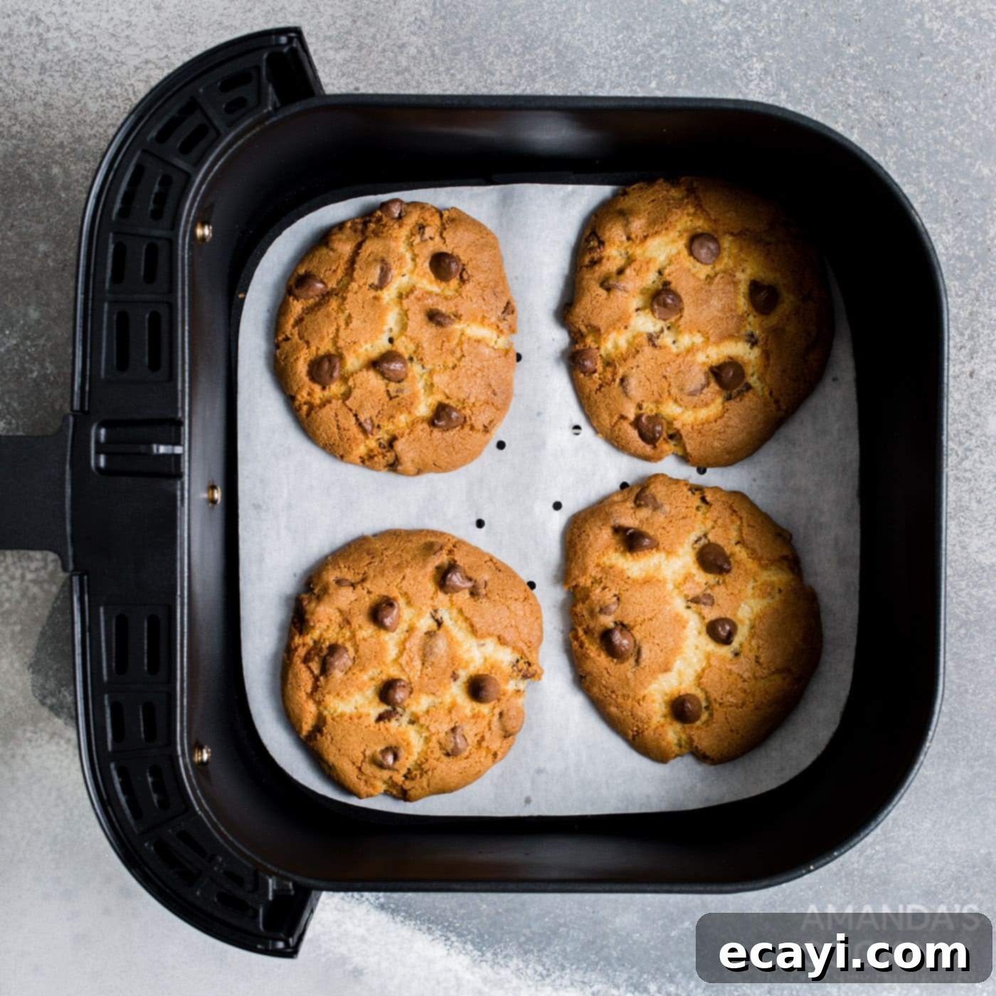 Your Air Fryer's Best Chocolate Chip Cookies 10 Freshly baked air fryer chocolate chip cookies in the air fryer basket