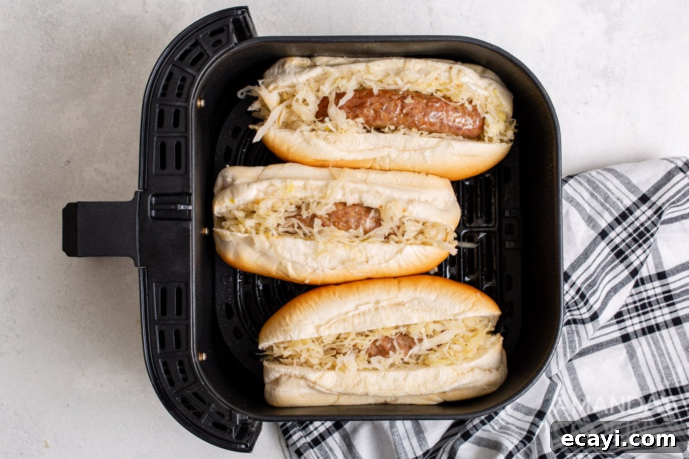 Crispy Air Fryer Bratwurst 7 sauerkrat and on bratwurst with buns