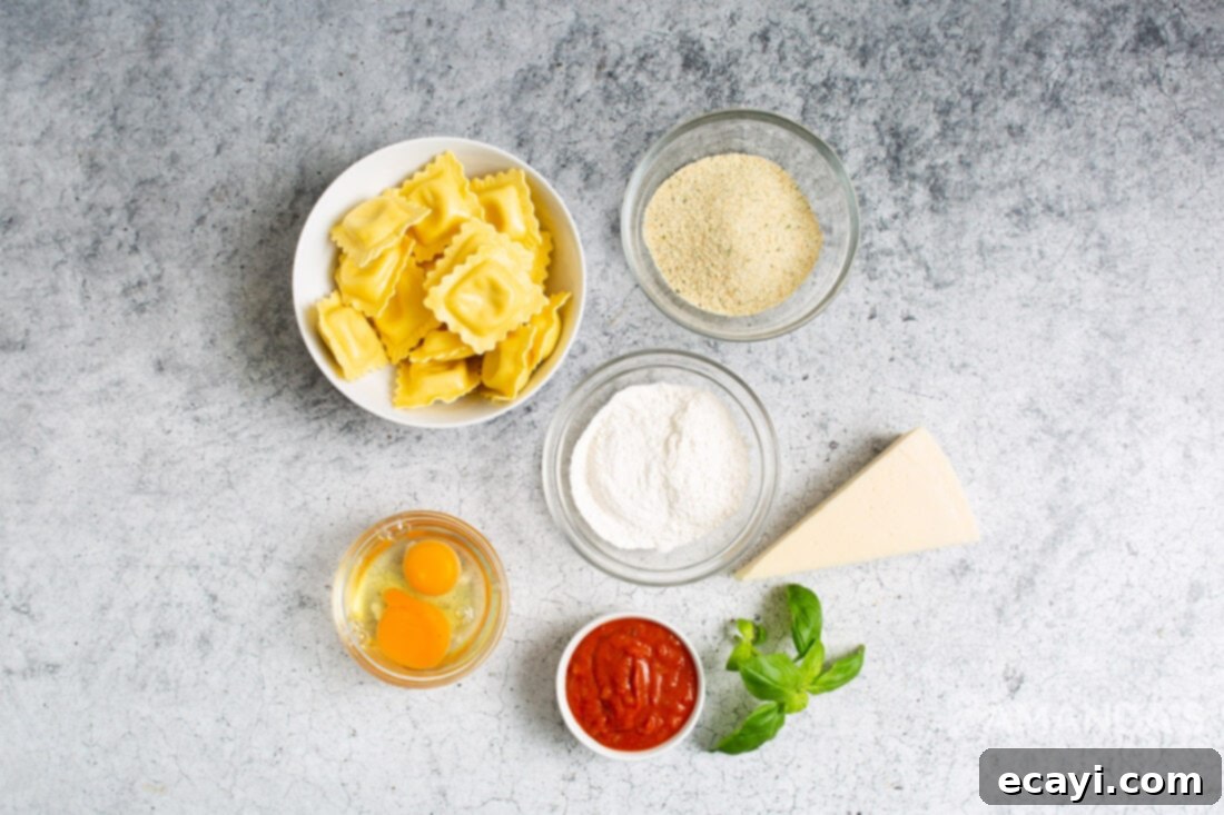 Crispy Air Fryer Ravioli 4 Ingredients for air fryer ravioli recipe: fresh ravioli, flour, eggs, Italian seasoned breadcrumbs, and parmesan cheese