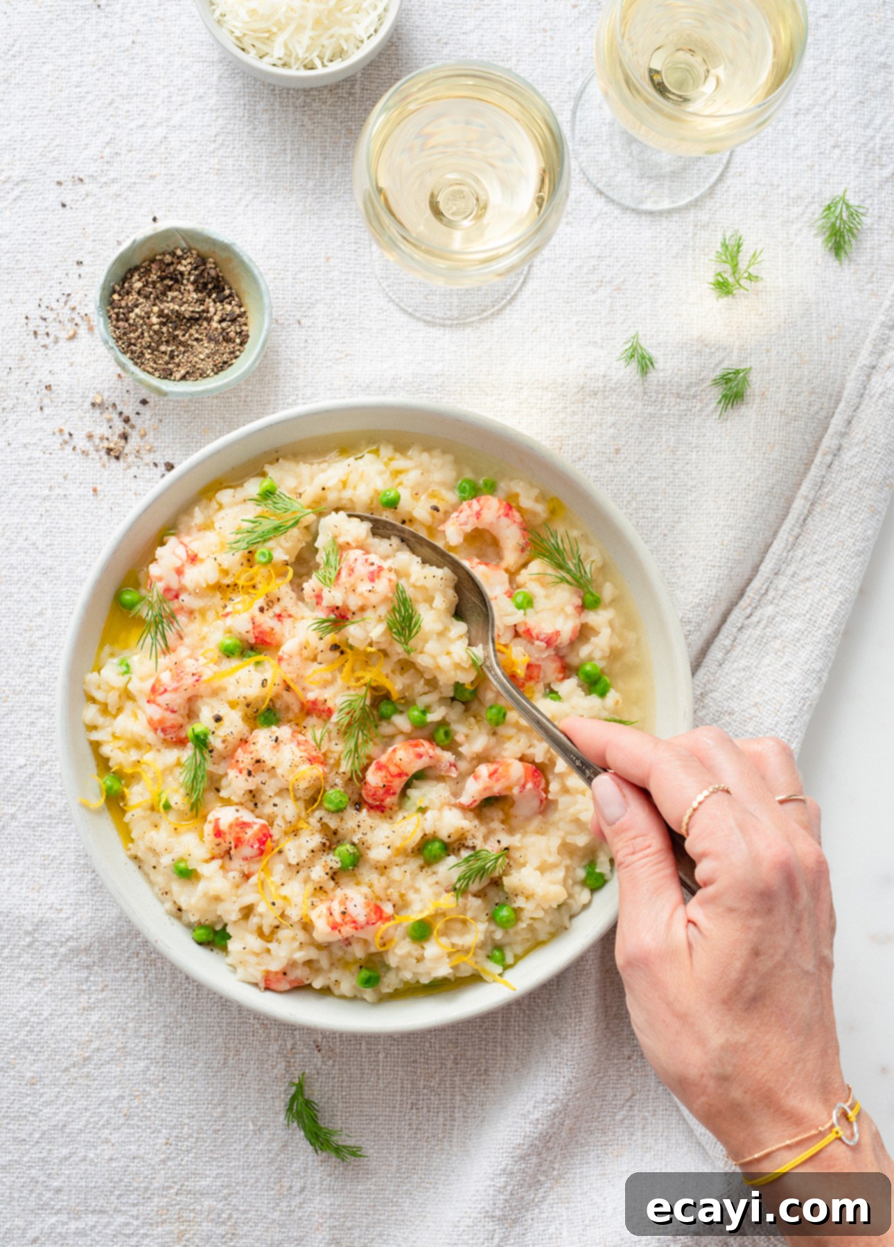 Succulent Shrimp and Sweet Pea Risotto 5 Delicious Shrimp and Pea Risotto in a rustic bowl