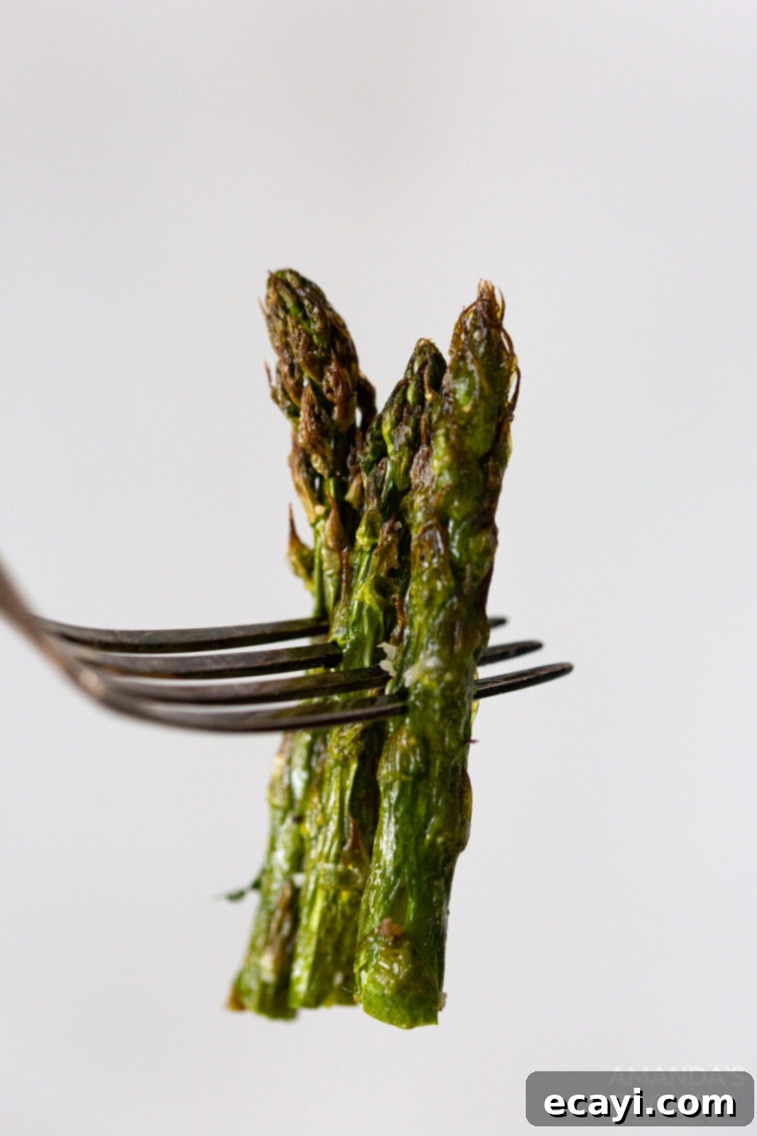 Crispy Air-Fried Asparagus 8 fork holding a piece of perfectly cooked air fried asparagus
