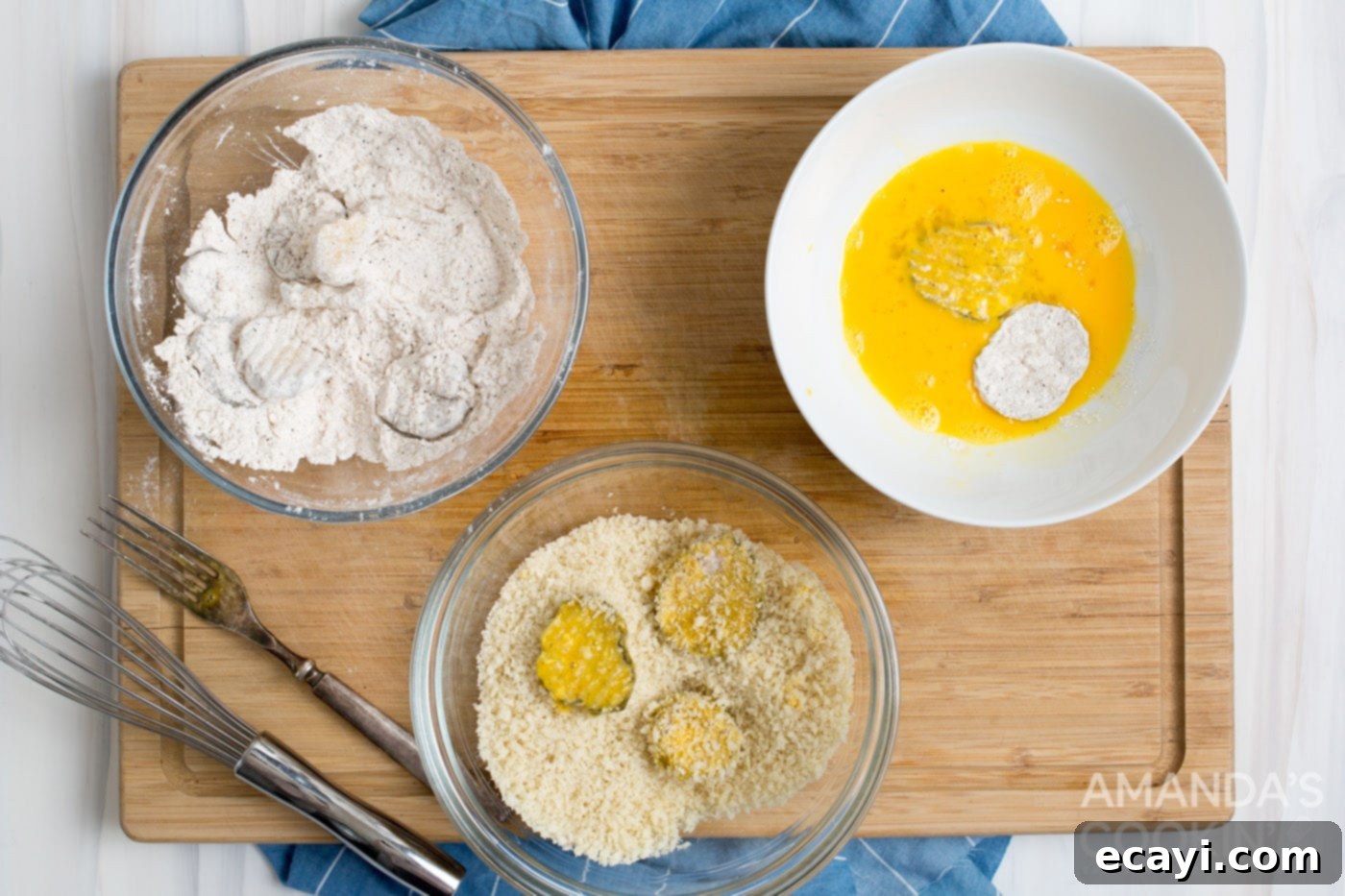 Crispy Air-Fried Pickles 5 dipping pickles in egg, panko, and flour