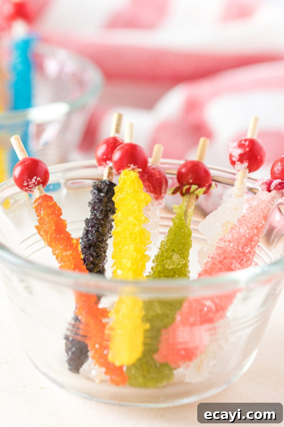 Edible Geodes 15 Bowl filled with various colored homemade rock candy sticks, ready to be enjoyed
