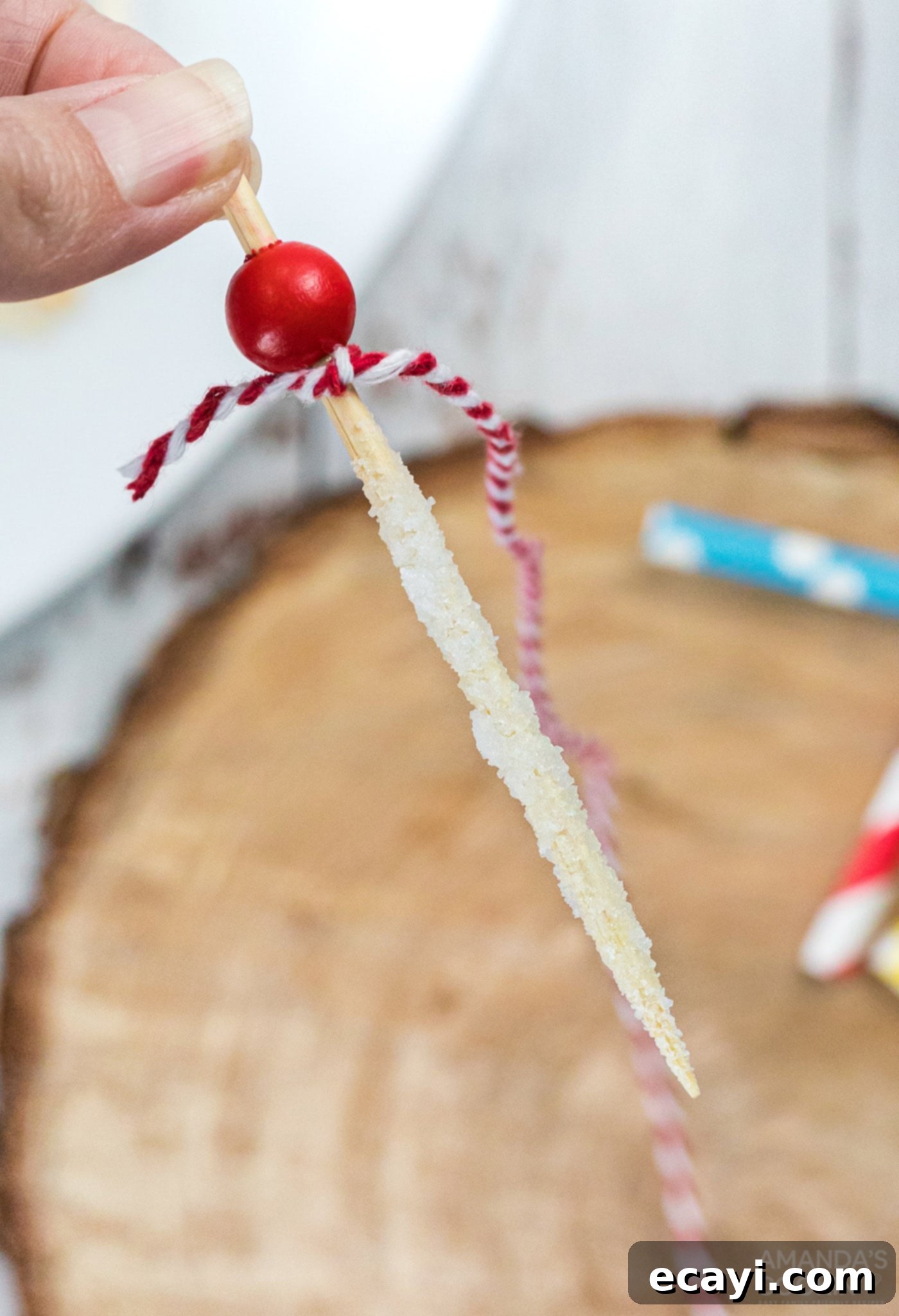 Edible Geodes 8 Hand holding a sugar-coated skewer, preparing to suspend it in a jar for rock candy