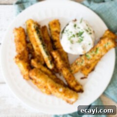 Crispy Air-Fried Zucchini Sticks 10 air fryer zucchini fries with sauce on a plate