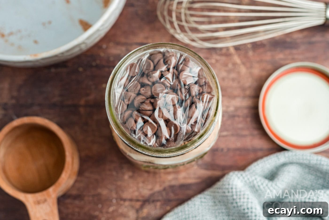 One-Minute Chocolate Cake 11 bagged chocolate chips in top of jar