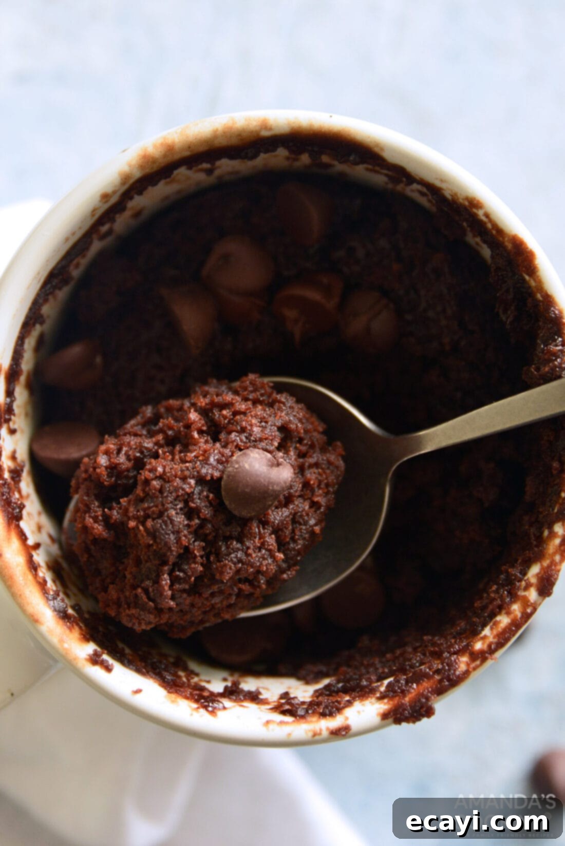 One-Minute Chocolate Cake 4 overhead view of chocolate mug cake