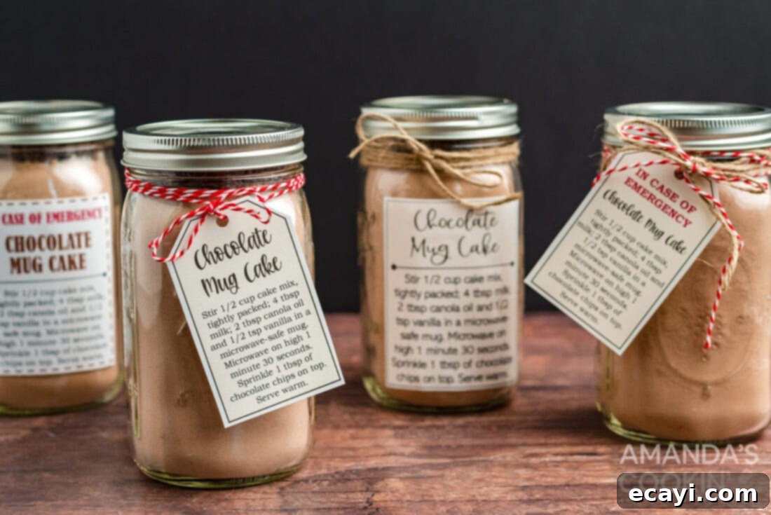 One-Minute Chocolate Cake 8 chocolate mug cake in a jar with labels and tags