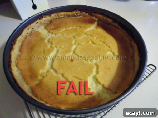 fail A photo of a cracked lemonade cheesecake.