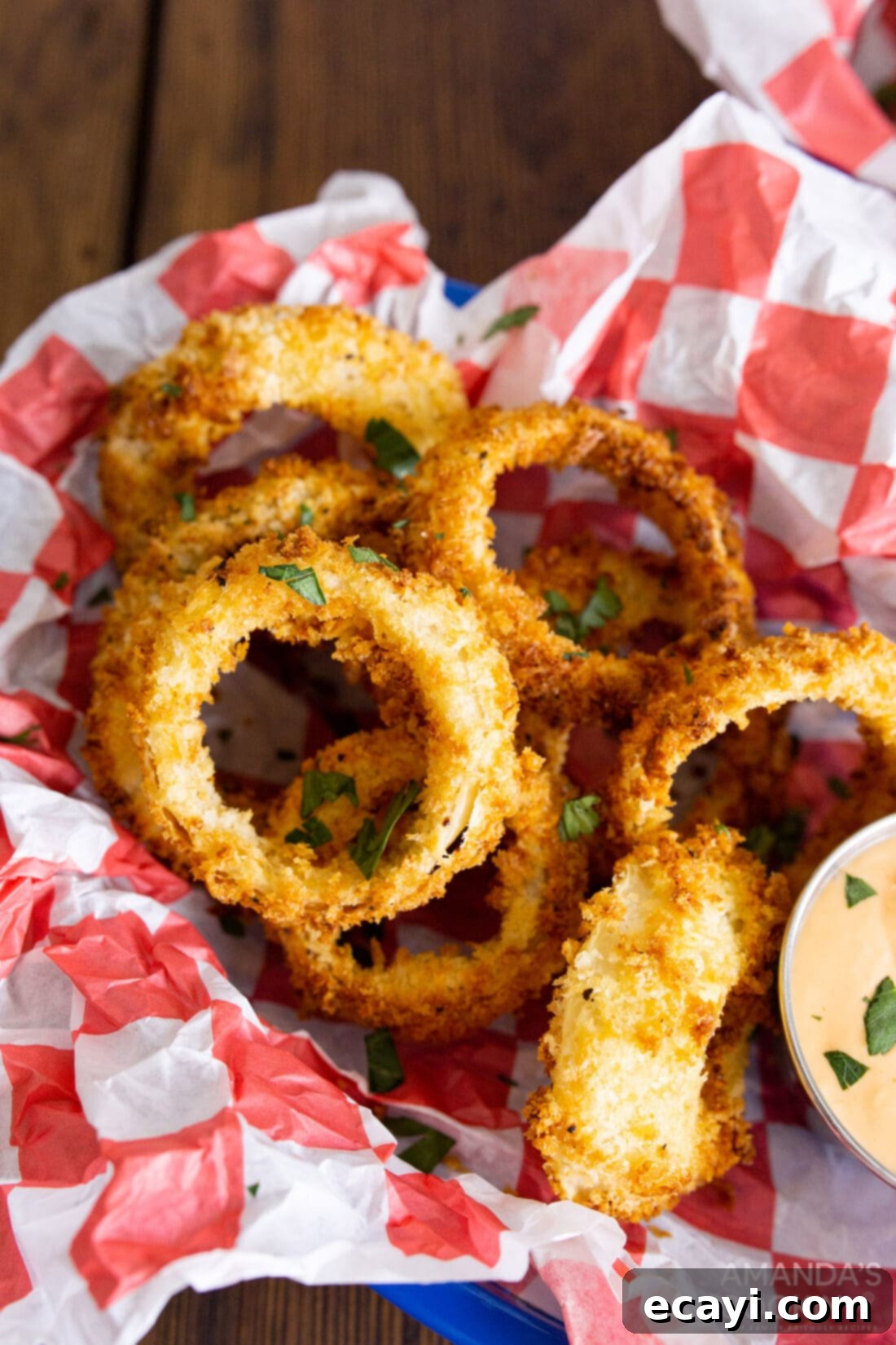 Golden Air Fryer Onion Rings 2 Air Fryer Onion Rings in a basket, golden brown and perfectly crispy