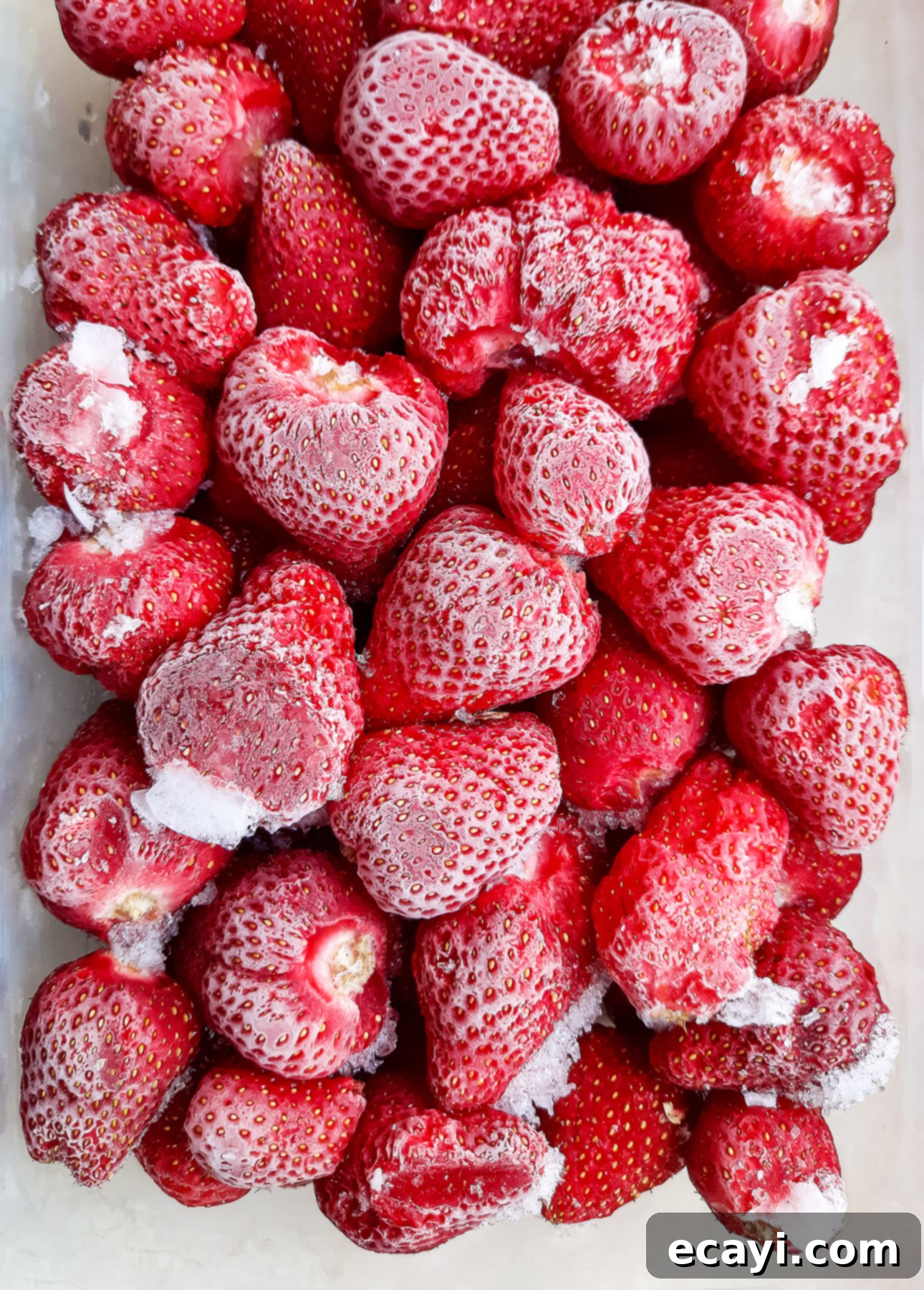 Strawberry Mojito Bliss 5 Frozen strawberries in a plastic container, ready to be thawed and used in a refreshing Strawberry Mojito. A practical option for off-season enjoyment.