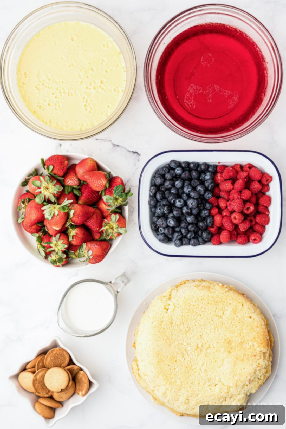 Whimsical Jelly Parfait 4 ingredients for jello trifle laid out on a table