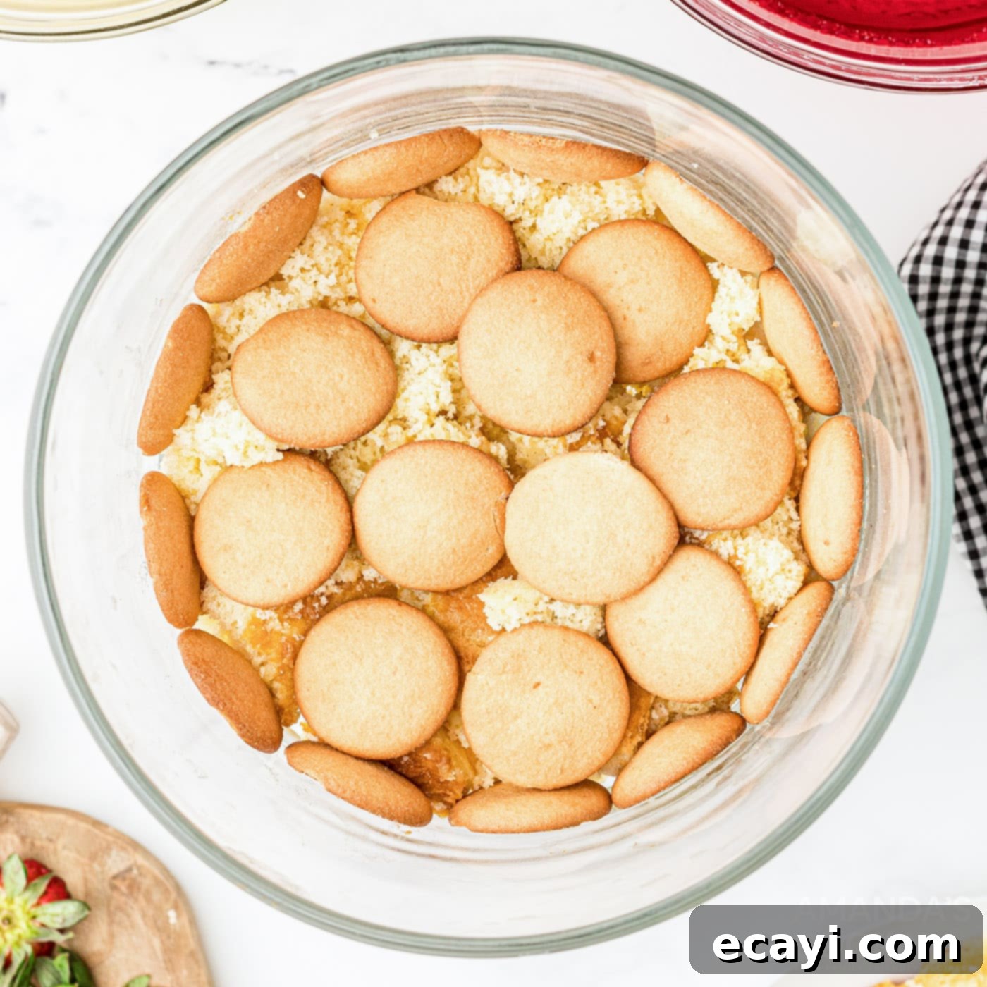Whimsical Jelly Parfait 7 vanilla wafers layered on top of the cake in a clear trifle bowl