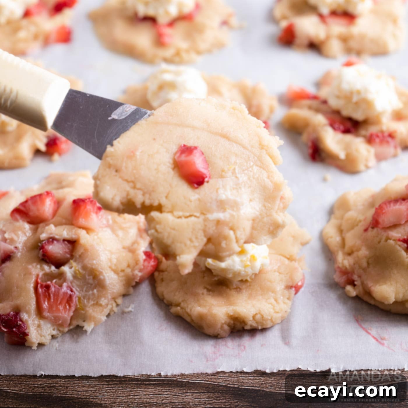 Zesty Strawberry Lemonade Cookies 13 Placing the second layer of cookie dough on top of the cream cheese filling to create a sandwich.