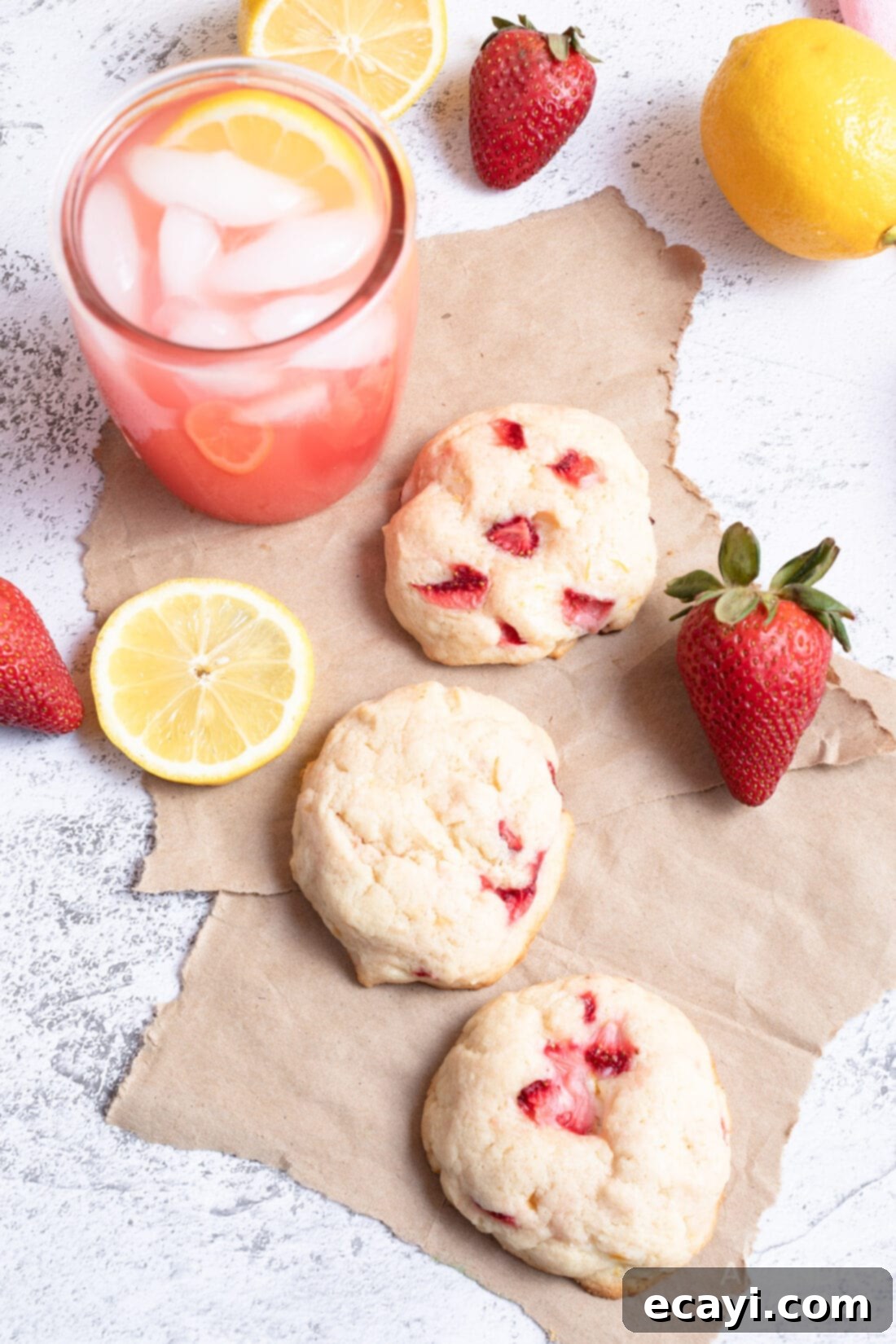 Zesty Strawberry Lemonade Cookies 15 A close-up of a single Strawberry Lemonade Cookie, cut in half to show the creamy lemon-cream cheese filling and strawberry pieces.
