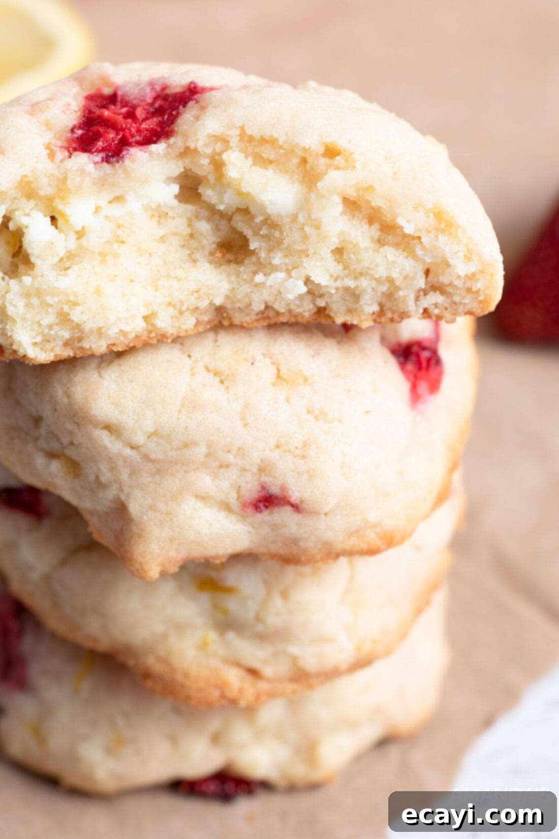 Zesty Strawberry Lemonade Cookies 3 A stack of golden-brown strawberry lemonade cookies, revealing their creamy white filling and hints of strawberry.