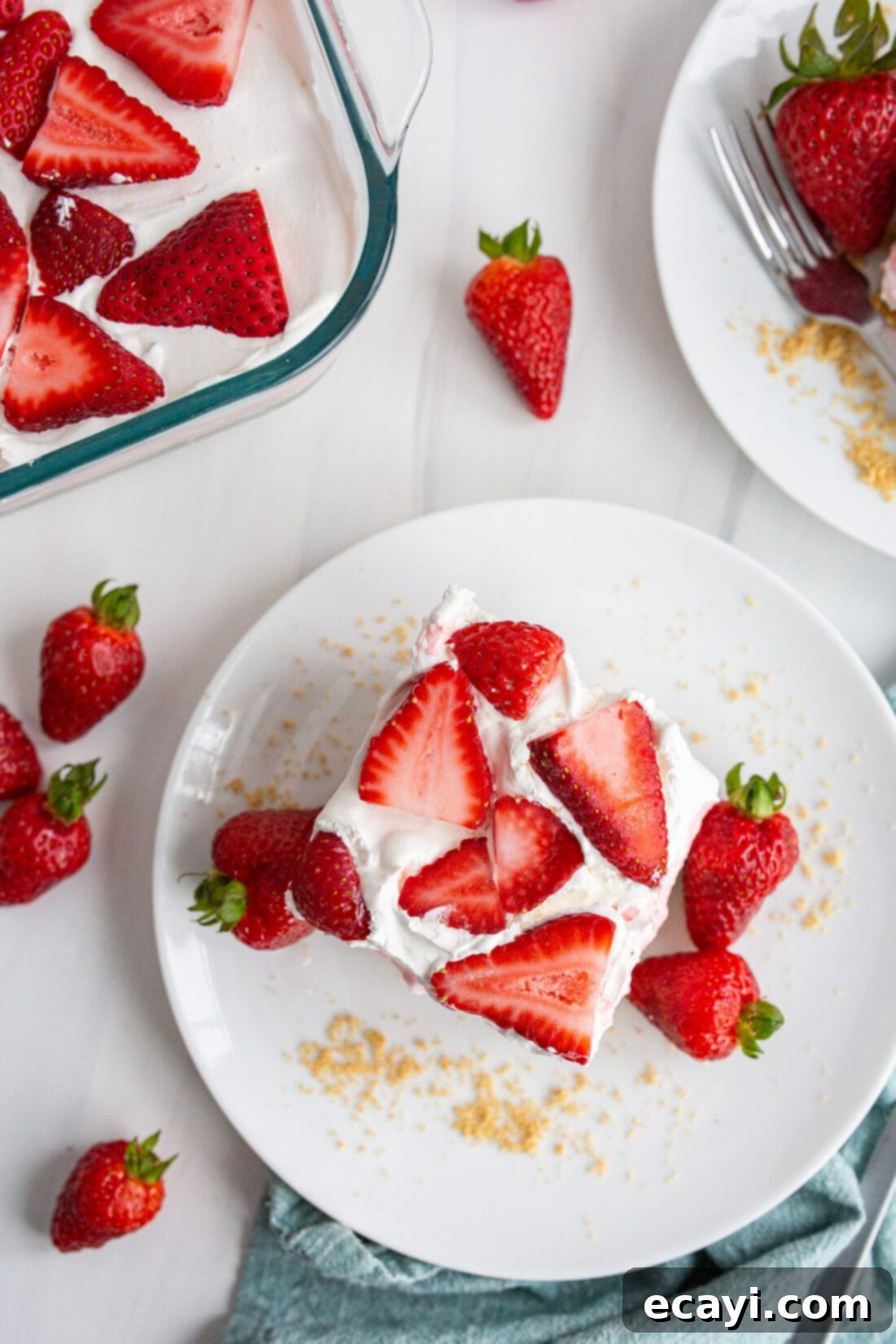 Strawberry Dream Layers 14 Overhead photo of Strawberry Lasagna on a plate