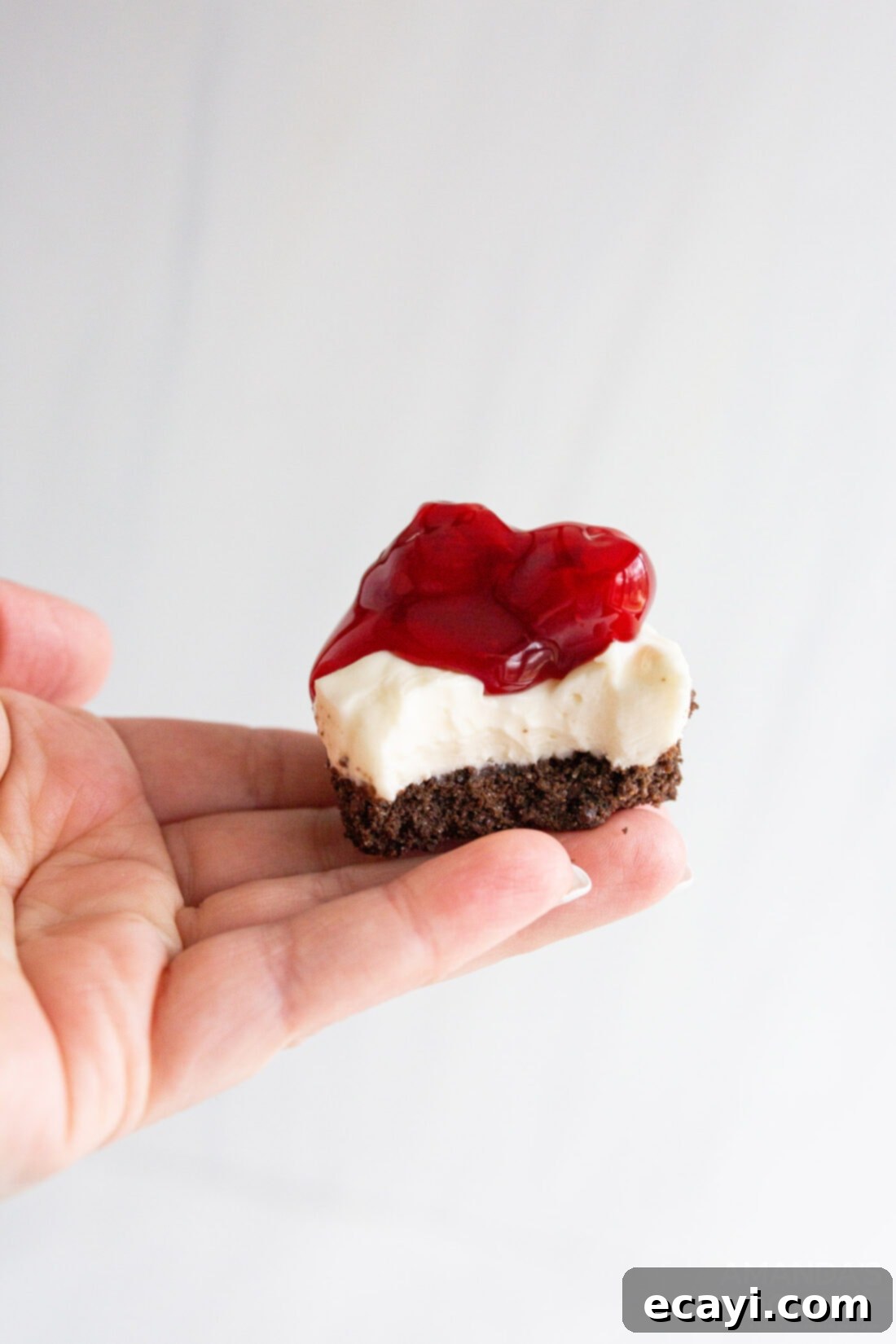 Bite-Sized Cheesecake Delights 3 holding a mini cheesecake with a bite out of it