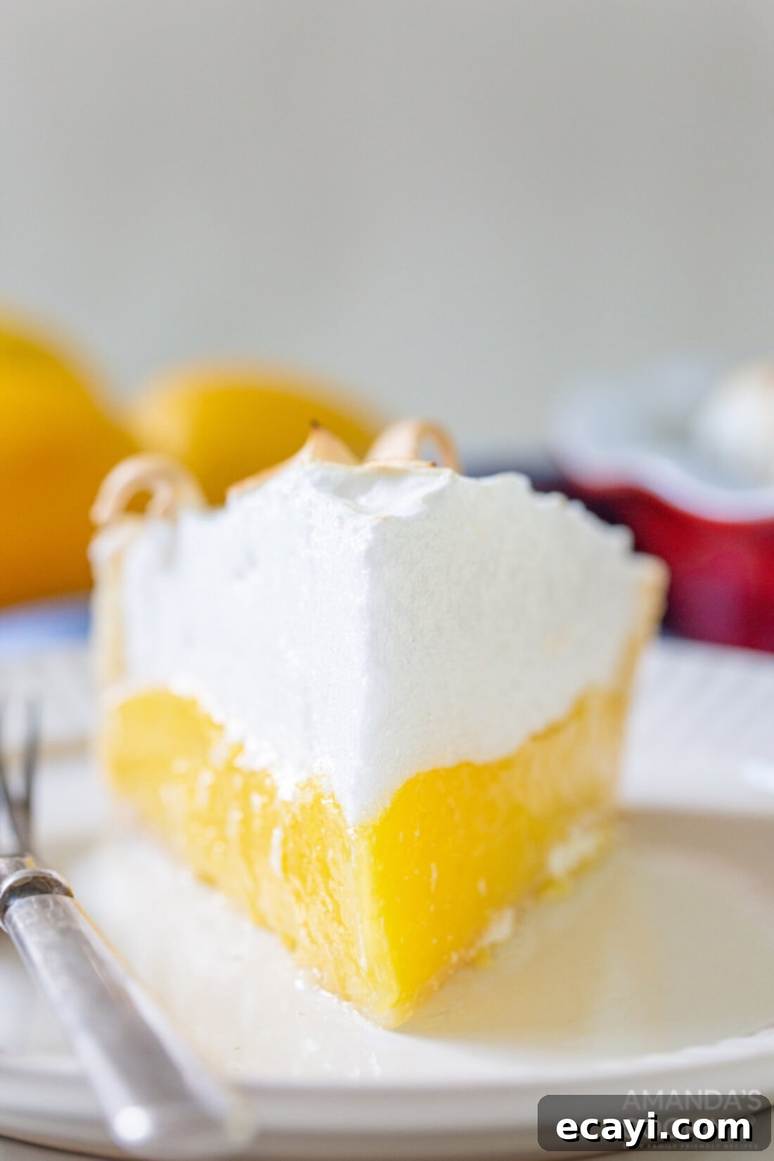 Lemon Meringue Pie 2 A perfectly baked slice of lemon meringue pie with a golden-brown meringue topping and a visible lemon custard layer.