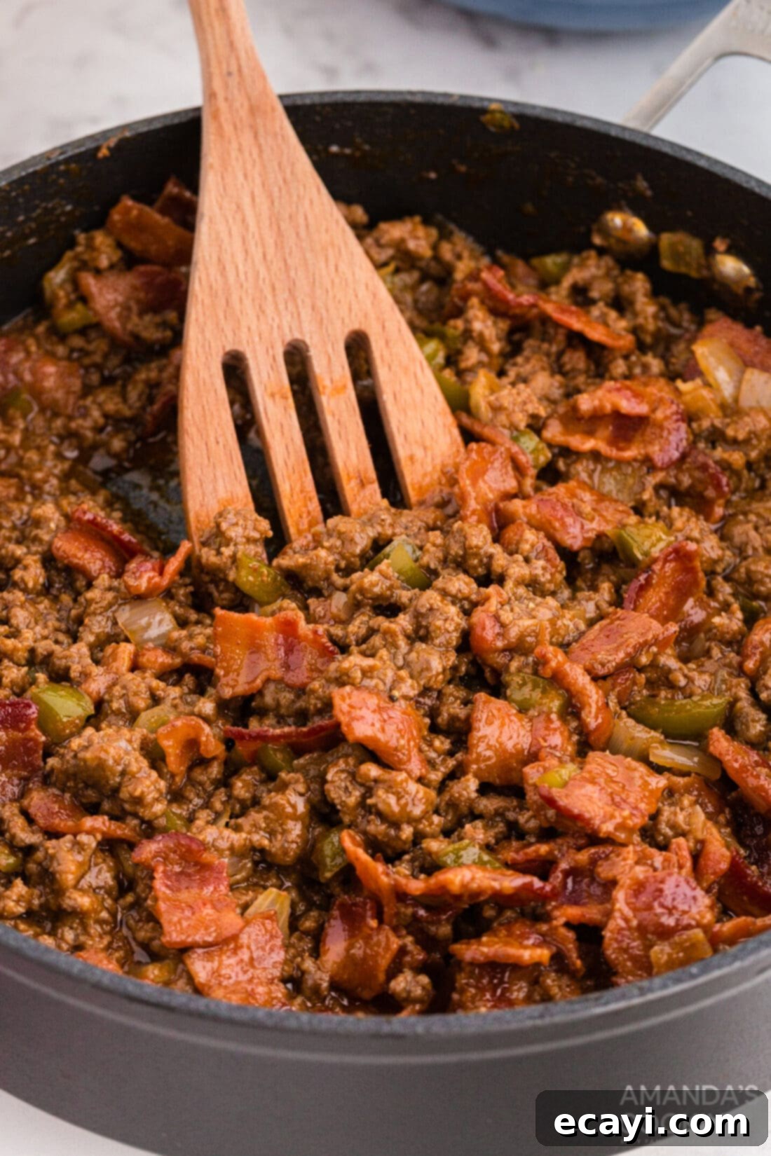 Smoky Bacon Sloppy Joes 3 Bacon Sloppy Joes simmering in a skillet