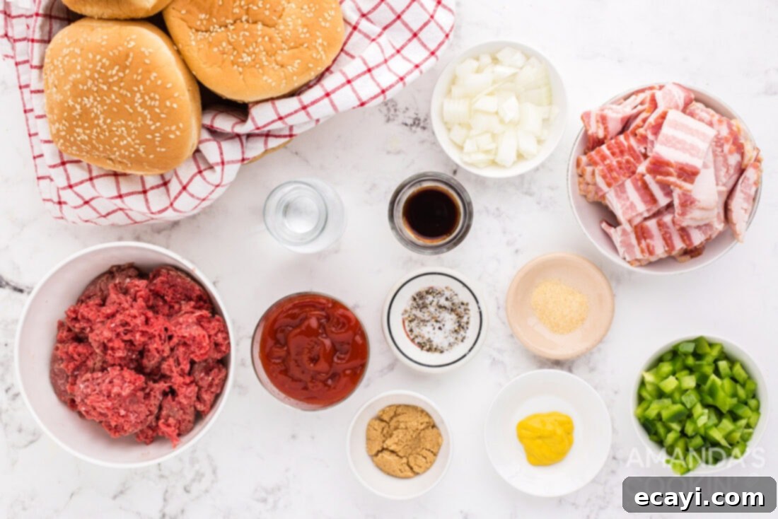 Smoky Bacon Sloppy Joes 4 A visual display of all the ingredients needed for Bacon Sloppy Joes