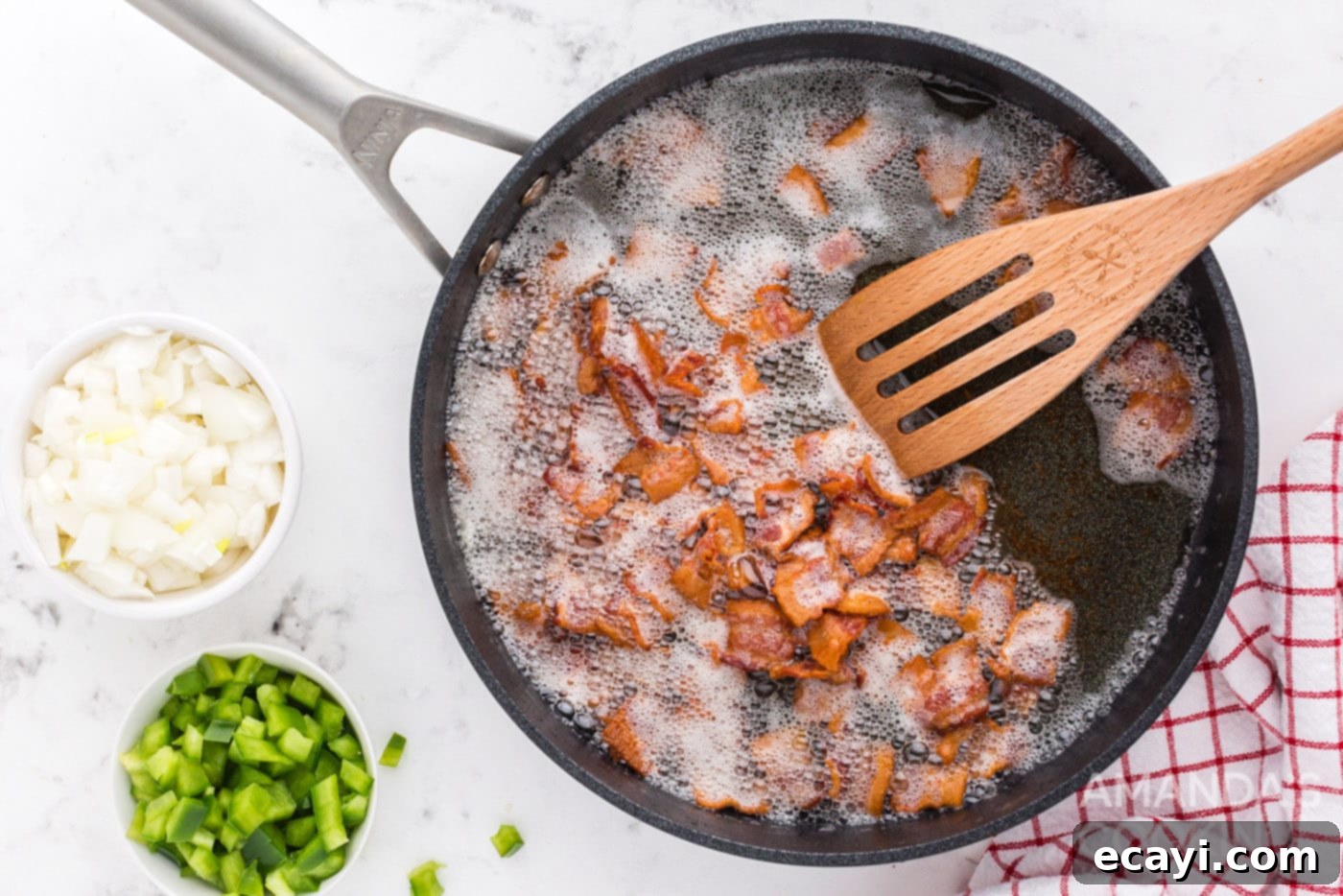 Smoky Bacon Sloppy Joes 5 Bacon pieces sizzling in a hot skillet