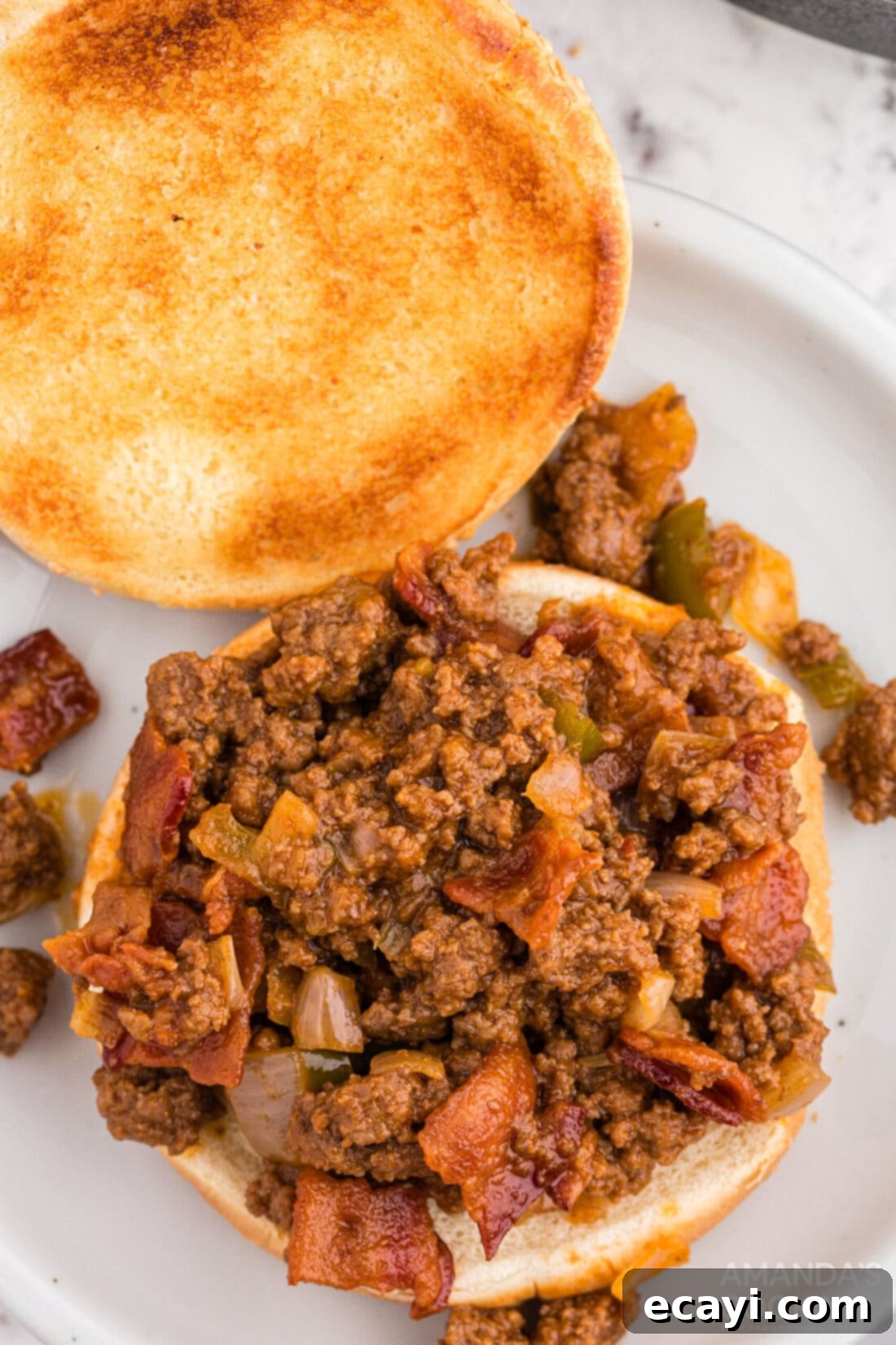 Smoky Bacon Sloppy Joes 8 Bacon Sloppy Joe on a bottom bun, ready to be topped