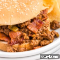 Smoky Bacon Sloppy Joes 9 close up of bacon sloppy joe