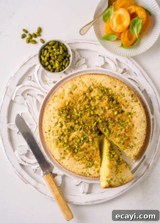 Aromatic Basil Apricots Crown a Savory Pistachio Parmesan Cake 2 Parmesan Pistachio Cake with Basil-Infused Stewed Apricots, a moist and flavorful cake perfect for any gathering.