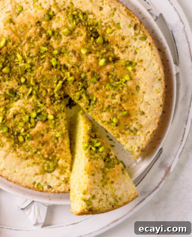 Aromatic Basil Apricots Crown a Savory Pistachio Parmesan Cake 4 A beautifully plated slice of Parmesan Pistachio Cake, garnished with fresh basil leaves and stewed apricots.
