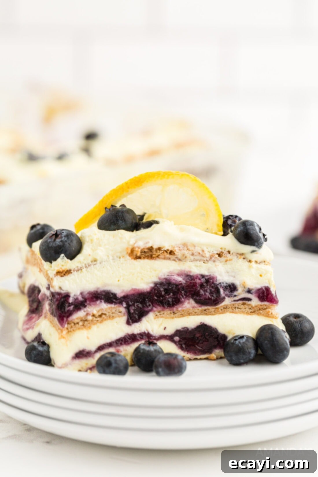 Zesty Lemon Blueberry Cloud Cake 14 A perfectly cut slice of Lemon Blueberry Icebox Cake on a plate, showcasing all the beautiful layers.