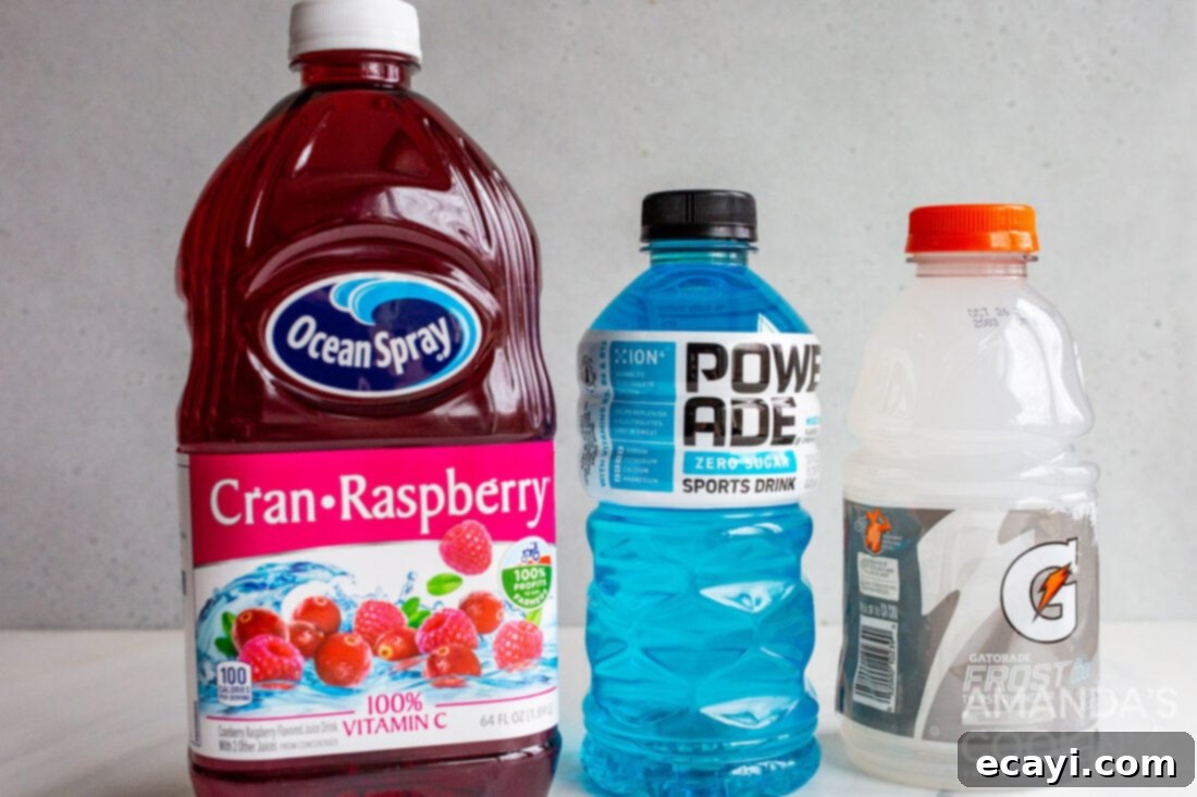 Patriot's Zeal 4 Ingredients laid out for patriotic punch recipe including cran-raspberry juice, Gatorade Frost, Powerade Zero Mixed Berry, and ice.