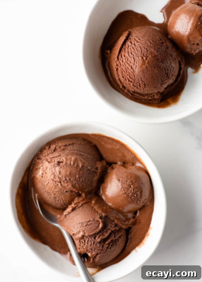 Vegan Friendly Dark Chocolate Gelato 6 Two white bowls filled with scoops of rich, creamy chocolate gelato rest on a white surface. A spoon sits in one of the bowls, which holds three scoops. The other bowl contains two scoops. The gelato is slightly melting. // FoodNouveau.com