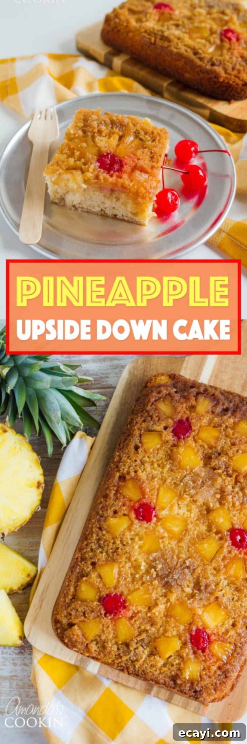 An enticing close-up of this pineapple upside down cake, highlighting the golden-brown caramelized pineapple, juicy maraschino cherries, and the rich, moist texture of the cake. #cakecloseup #foodphotography #deliciousdessert Large Image of Pineapple Upside Down Cake with Detailed Topping
