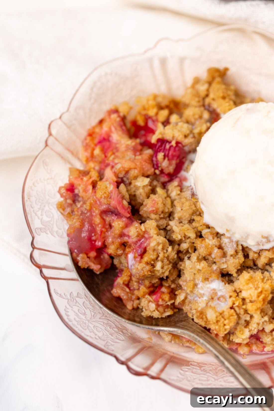 Sweet & Tart Rhubarb Crumble 2 rhubarb crisp in a pink bowl with ice cream