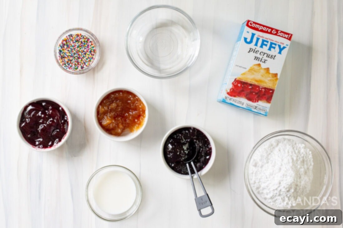 Whip Up Your Own Pop Tarts 4 Ingredients laid out on a wooden surface for homemade pop tarts, including pie crust mix, various jams, powdered sugar, and milk