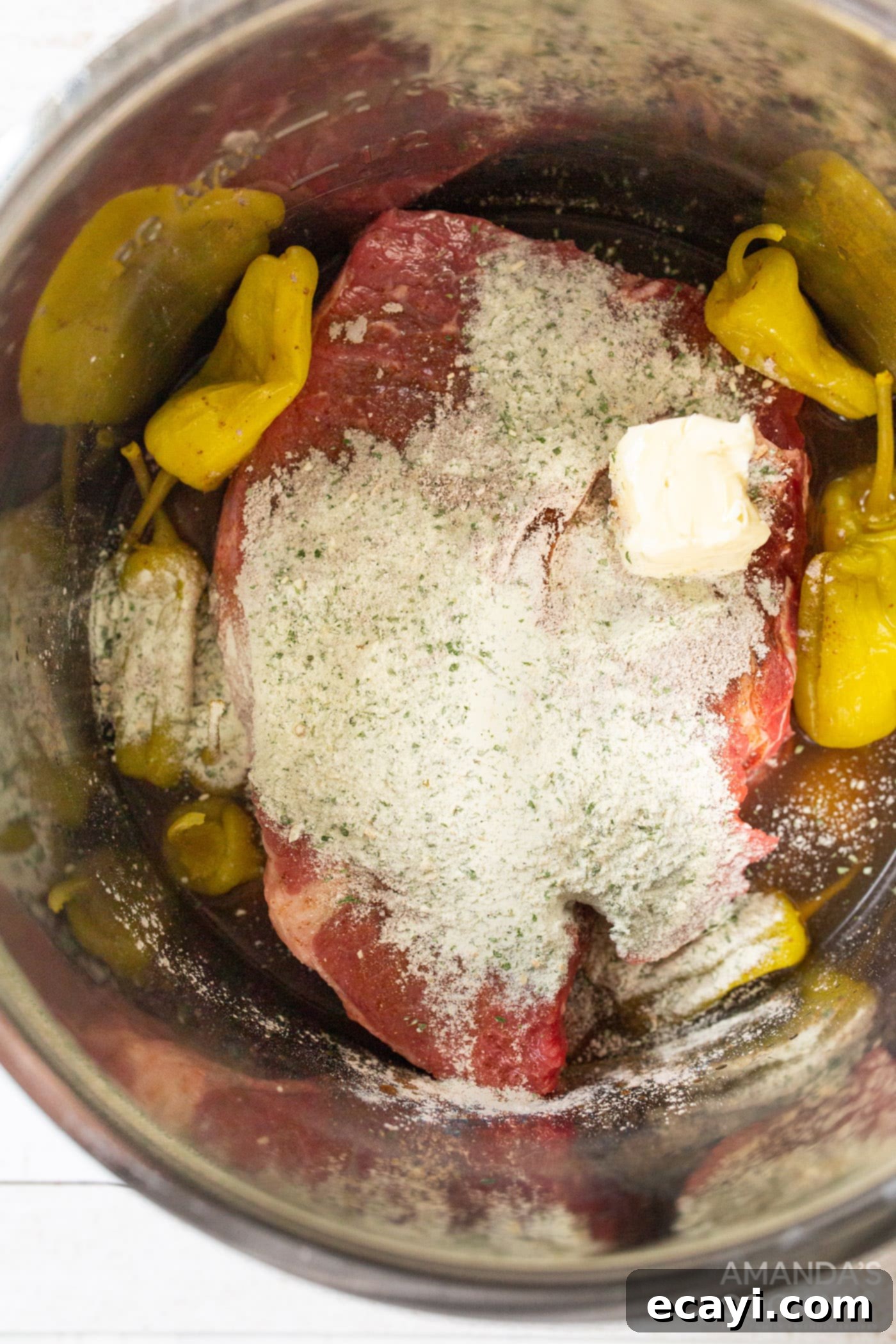 Effortless Southern Comfort Pot Roast 5 chuck roast with seasonings and pepperoncinis in instant pot