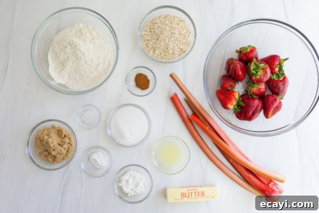 Strawberry Rhubarb Crumbly Bars 4 A flat lay photograph displaying all the fresh and dry ingredients required to make Strawberry Rhubarb Crumble Bars, including fruit, flour, oats, and butter.