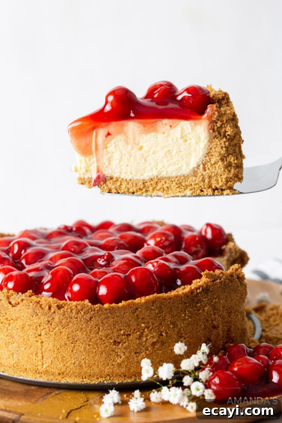 Silky Smooth Instant Pot Cheesecake 2 slice of cherry cheesecake on spatula