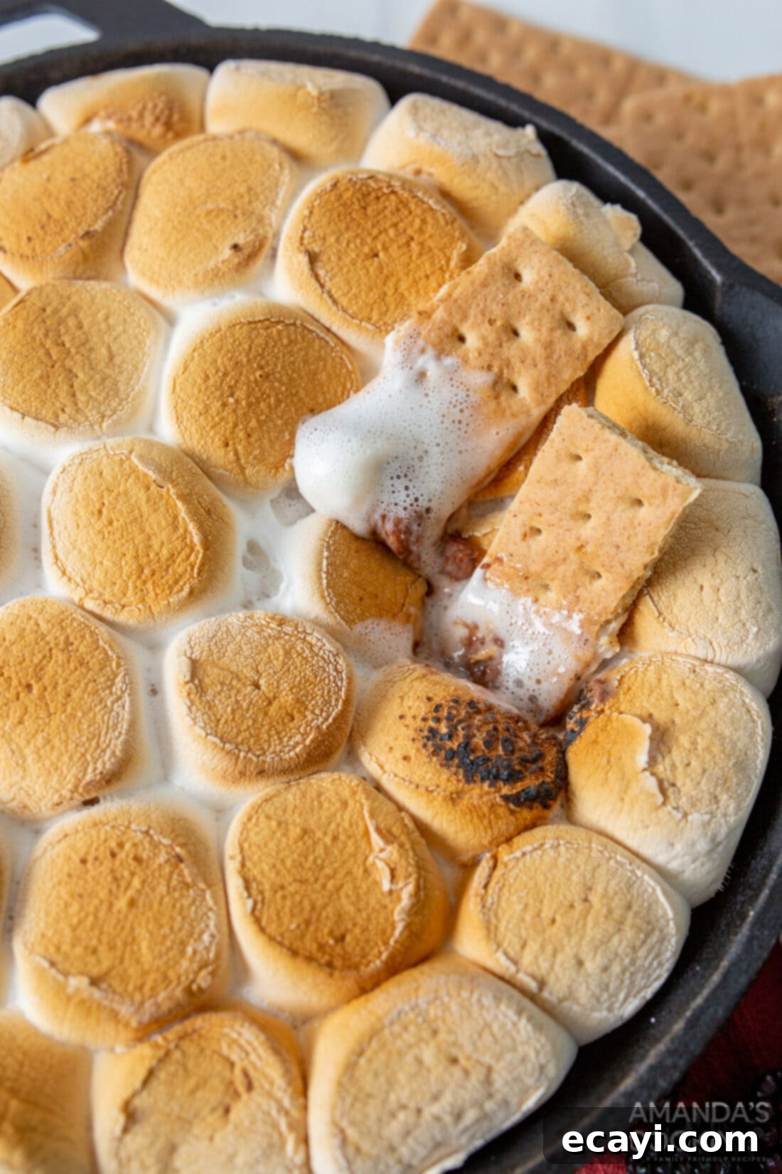 Gooey S'mores Skillet 2 Gooey S'mores Dip with golden toasted marshmallows and melted chocolate, served in a cast-iron skillet with graham crackers for dipping.