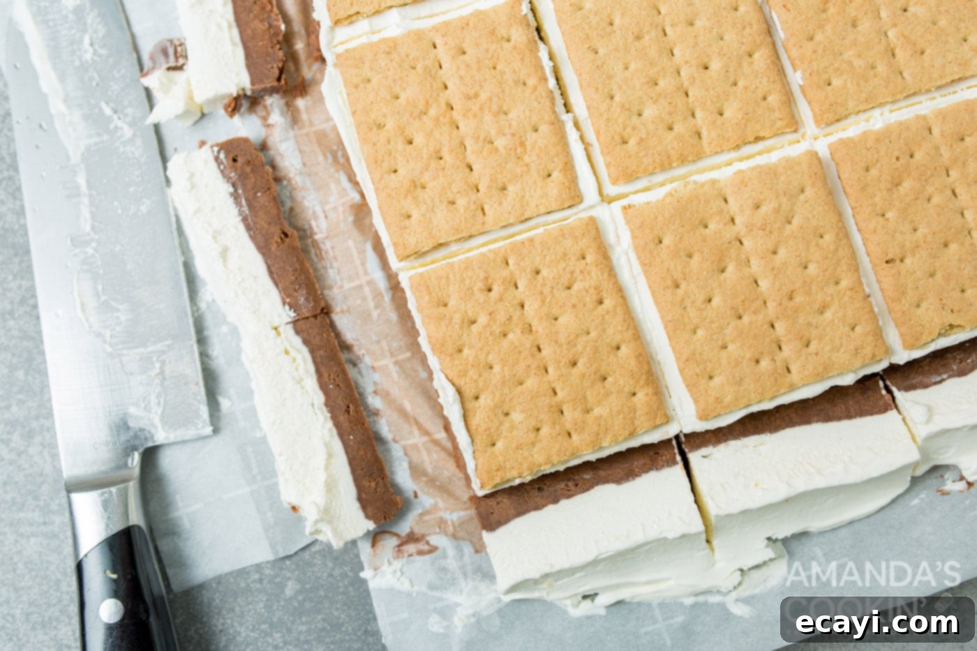 Frosty Smores 9 excess chocolate pudding and marshmallow layers cut off of graham crackers