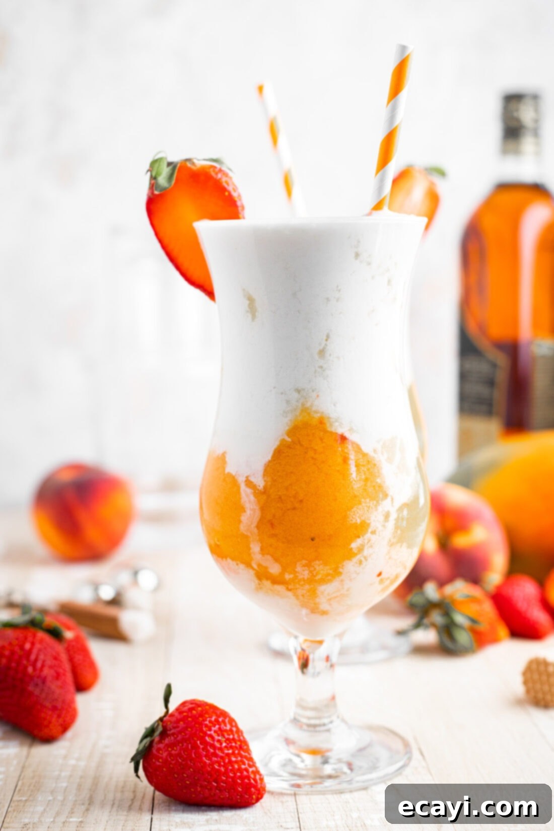 Island Vibes Rum Slush 2 Tropical Rum Slush with colorful straws, showcasing delightful layers of fruity and creamy coconut slush, perfect for a summer party.