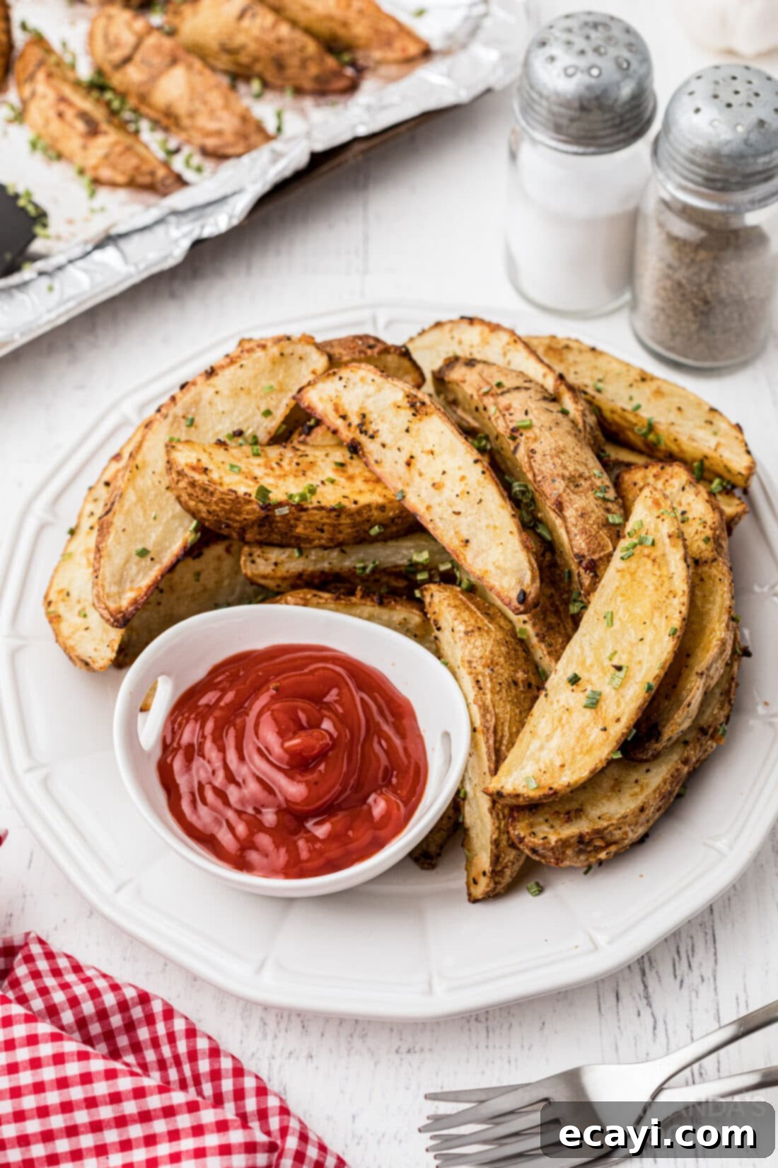 Golden Spiced Wedges 3 Plate of roasted potato wedges with ketchup ready to serve