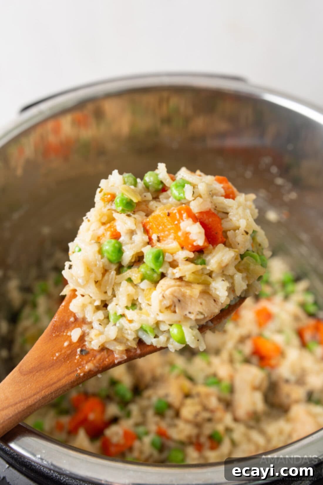 Effortless Instant Pot Chicken and Rice 2 A spoonful of tender Instant Pot chicken and rice with vibrant peas and carrots