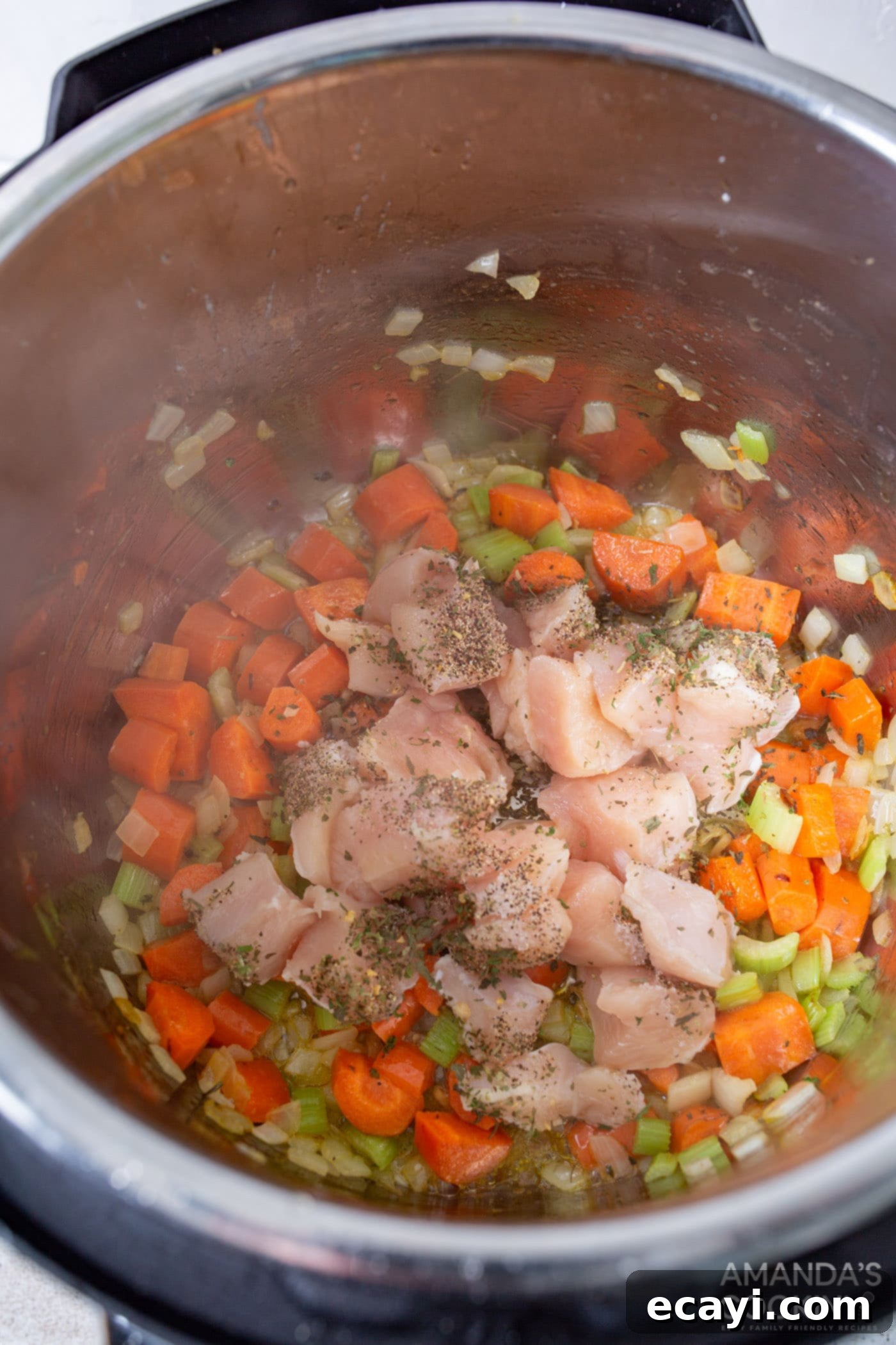 Effortless Instant Pot Chicken and Rice 5 Chicken, carrots, celery, and seasonings simmering in the Instant Pot