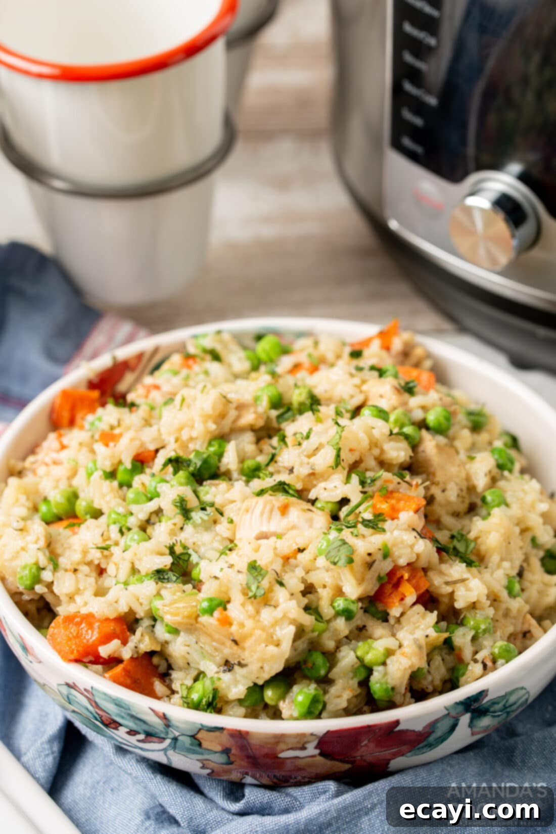 Effortless Instant Pot Chicken and Rice 10 A bowl of delicious Instant Pot chicken and rice garnished with fresh herbs