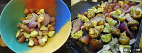 Perfect Sunday Roast A photo of a bowl of cut up red onion, mushrooms and potatoes. Another photo of red onion, potatoes and mushrooms on a baking sheet.