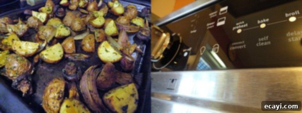 Perfect Sunday Roast A close up photo of roasted potatoes, red onion and mushrooms on a baking sheet. Another close up photo of an oven.