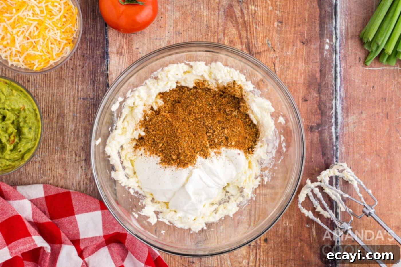 Stars and Stripes Salad 6 cream cheese, sour cream, and taco seasoning in a bowl