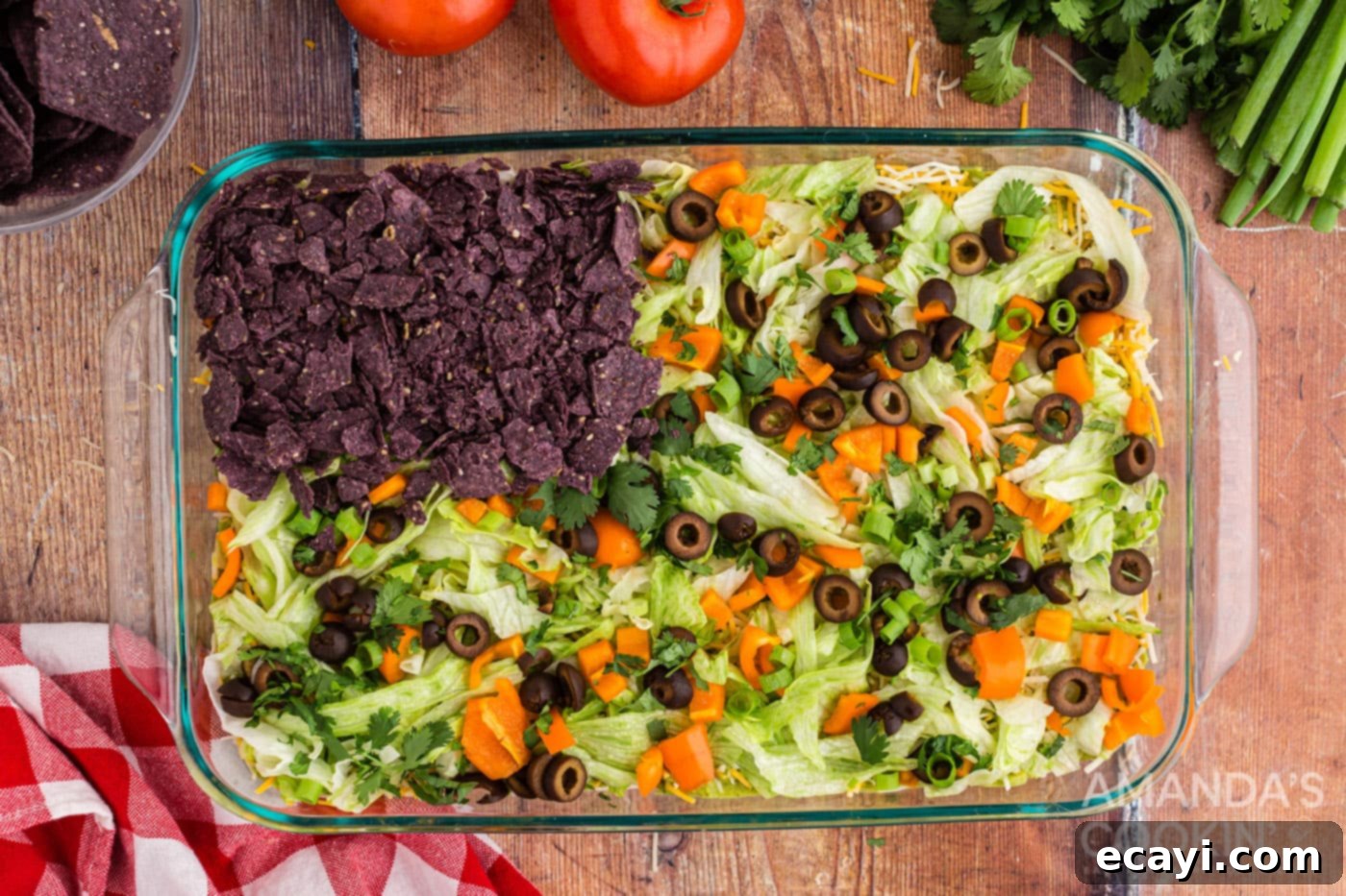 Stars and Stripes Salad 9 crushed blue tortilla chips on left side of taco dip